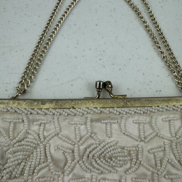 Vtg Mister Ernest Handbag Purse Clutch White Beaded Gold Clasp Gold Chain Prom - Picture 8 of 16